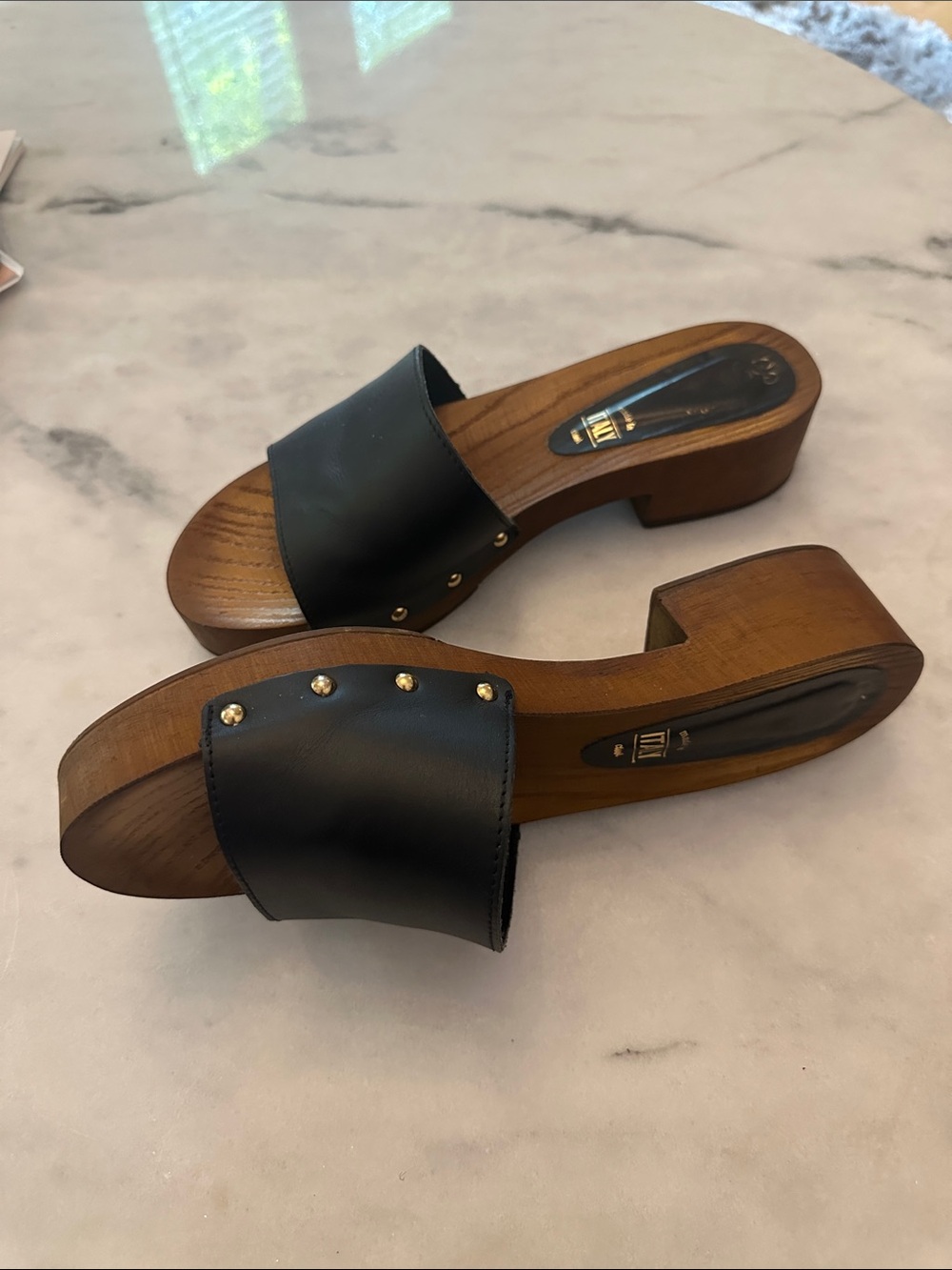 Seychelles Black Leather Slide Mules with Wood-Tone Footbed